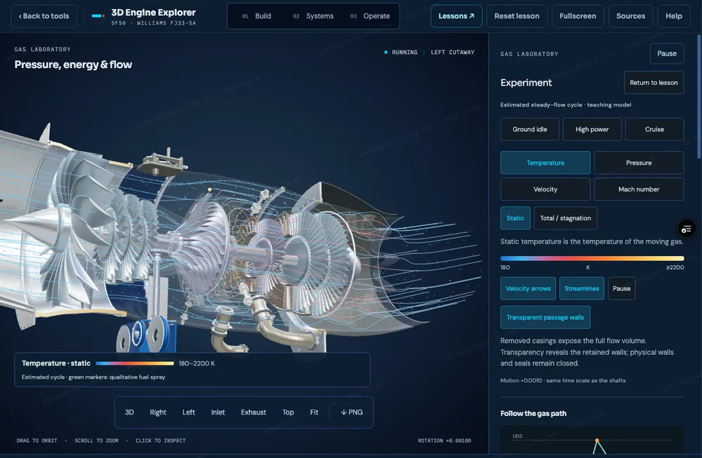 3D Engine Explorer gas laboratory showing temperature streamlines through the cutaway FJ33